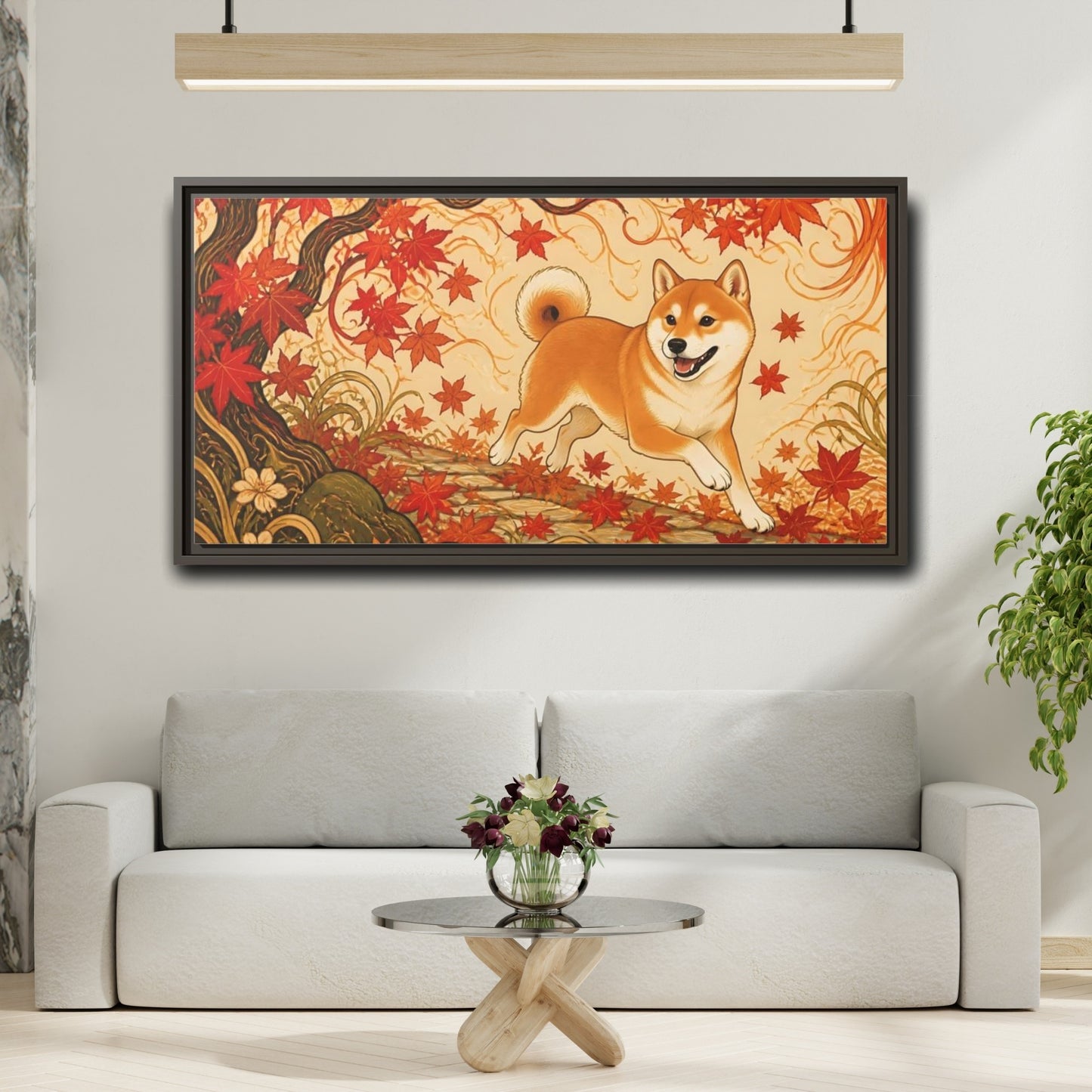 Mockup 2. Playful Shiba In Autumn shown as framed canvas print