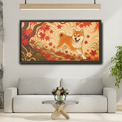 Mockup 2. Playful Shiba In Autumn shown as framed canvas print