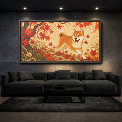 Mockup 3. Playful Shiba In Autumn shown as framed canvas print