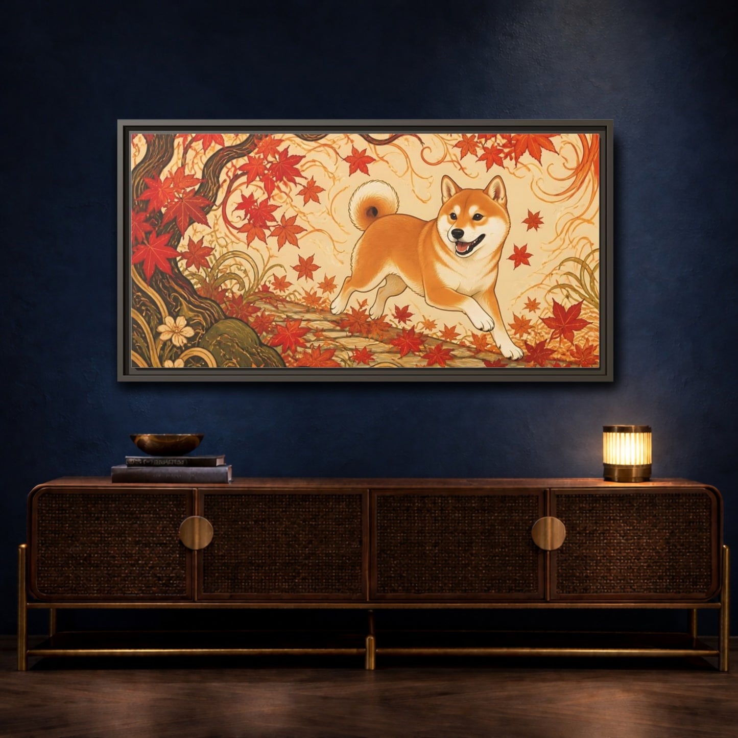 Mockup 4. Playful Shiba In Autumn shown as framed canvas print
