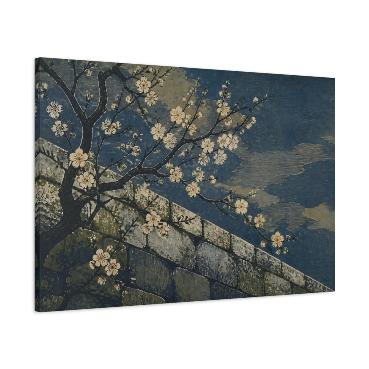 Main Mockup. Plum Blossoms Over Stone Wall shown as canvas print