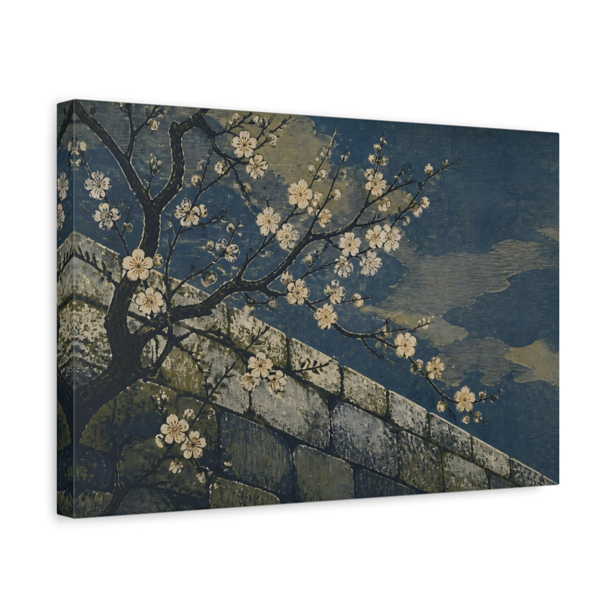 Side Mockup 4. Plum Blossoms Over Stone Wall shown as canvas print