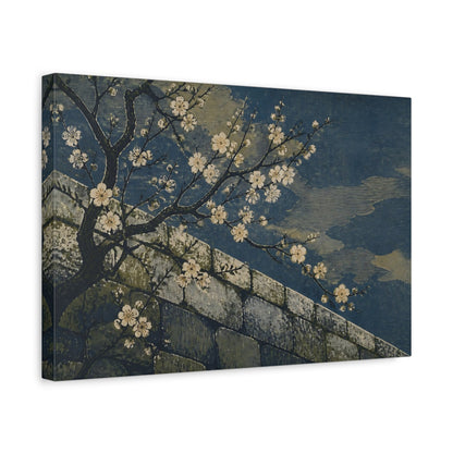 Side Mockup 4. Plum Blossoms Over Stone Wall shown as canvas print