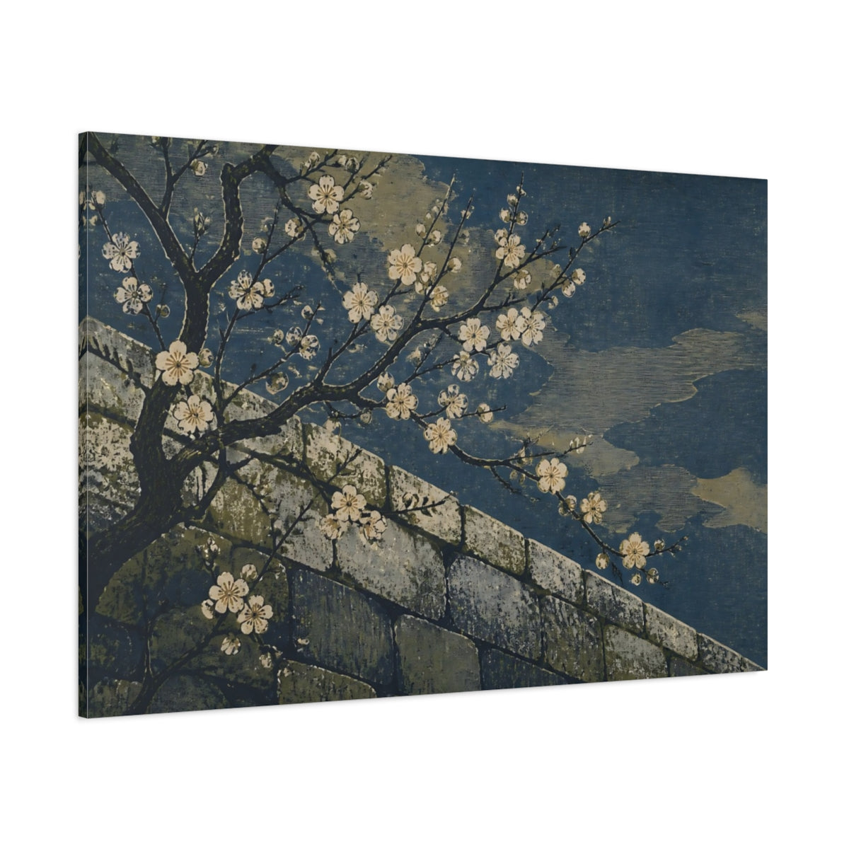 Side Mockup 1. Plum Blossoms Over Stone Wall shown as canvas print