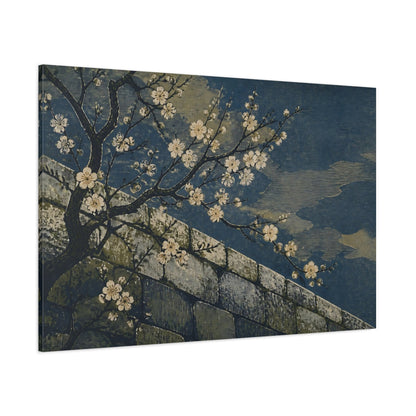 Side Mockup 1. Plum Blossoms Over Stone Wall shown as canvas print
