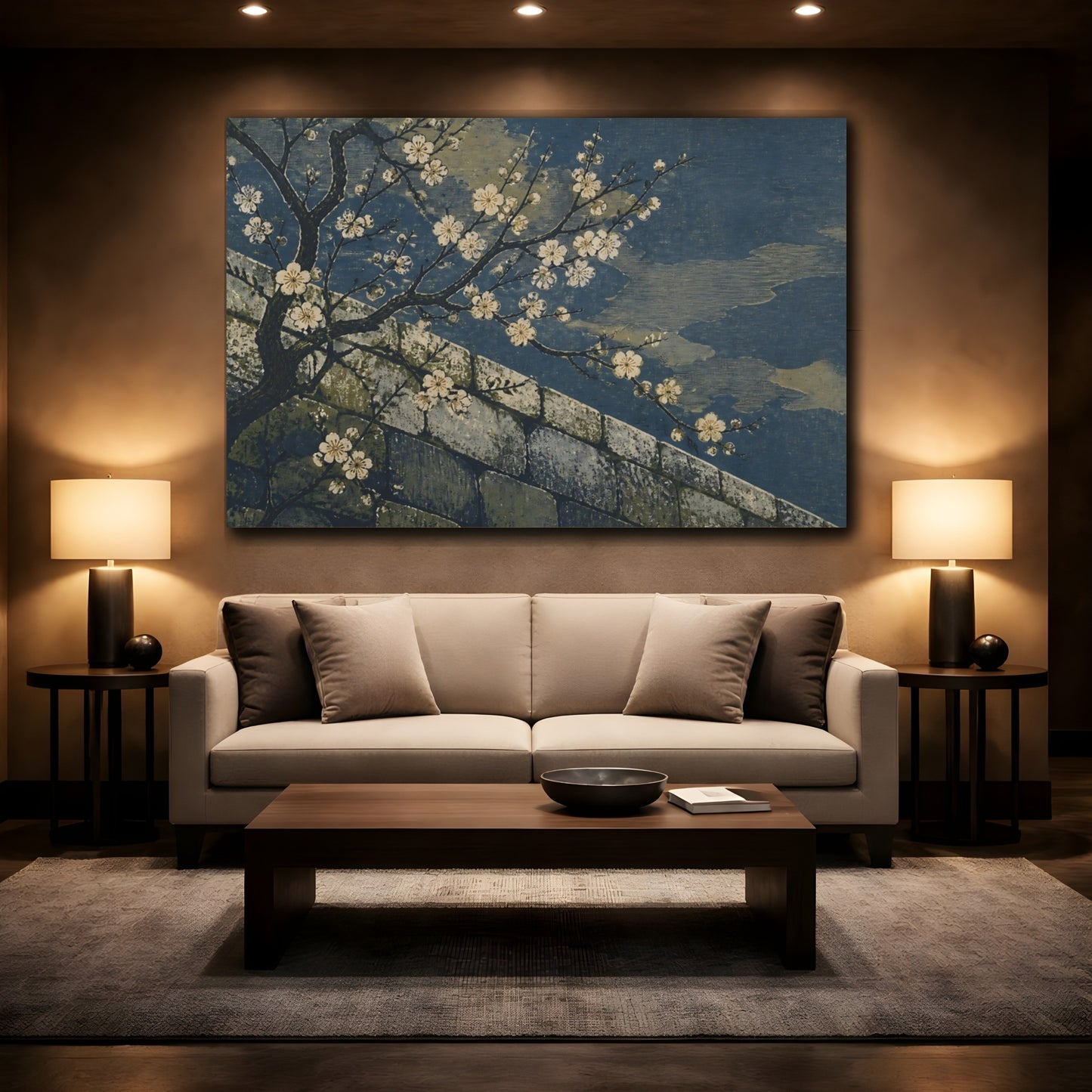 Mockup 2. Plum Blossoms Over Stone Wall shown as canvas print