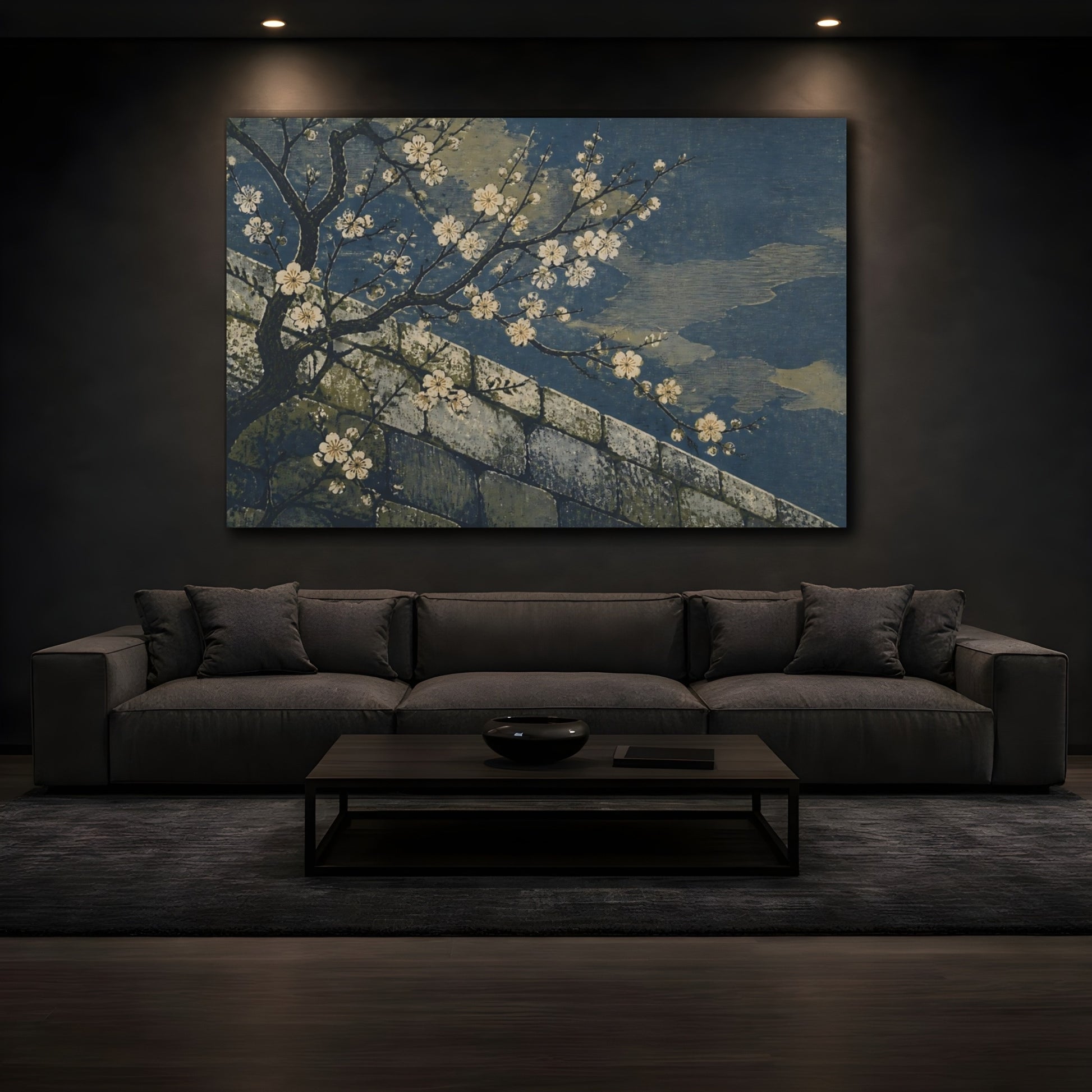 Mockup 3. Plum Blossoms Over Stone Wall shown as canvas print