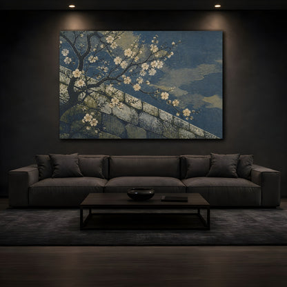 Mockup 3. Plum Blossoms Over Stone Wall shown as canvas print
