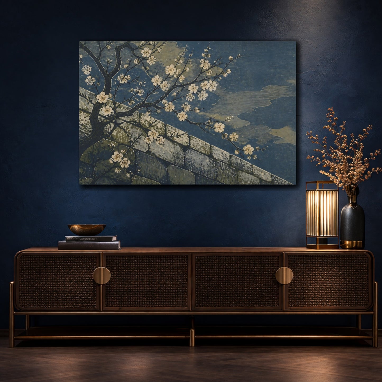 Mockup 4. Plum Blossoms Over Stone Wall shown as canvas print