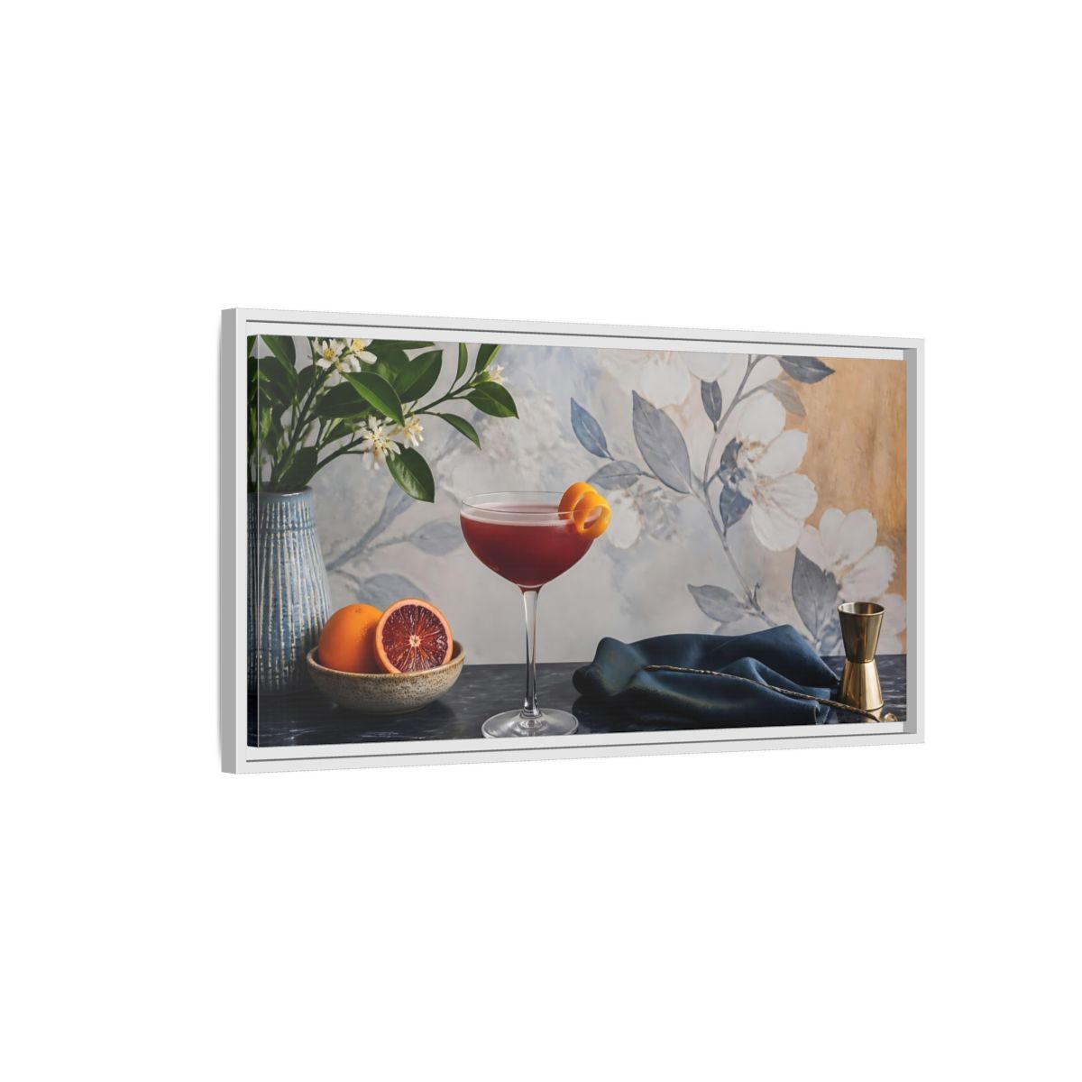 Side Mockup 1. Plum Cocktail & Citrus shown as framed canvas print