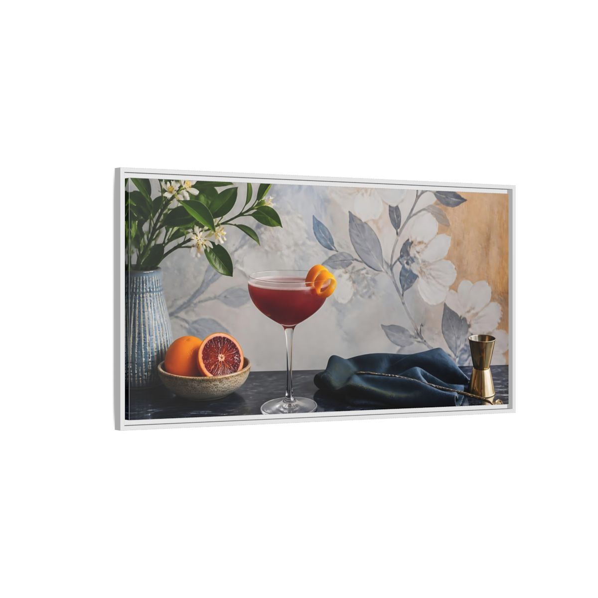 Side Mockup 3. Plum Cocktail & Citrus shown as framed canvas print