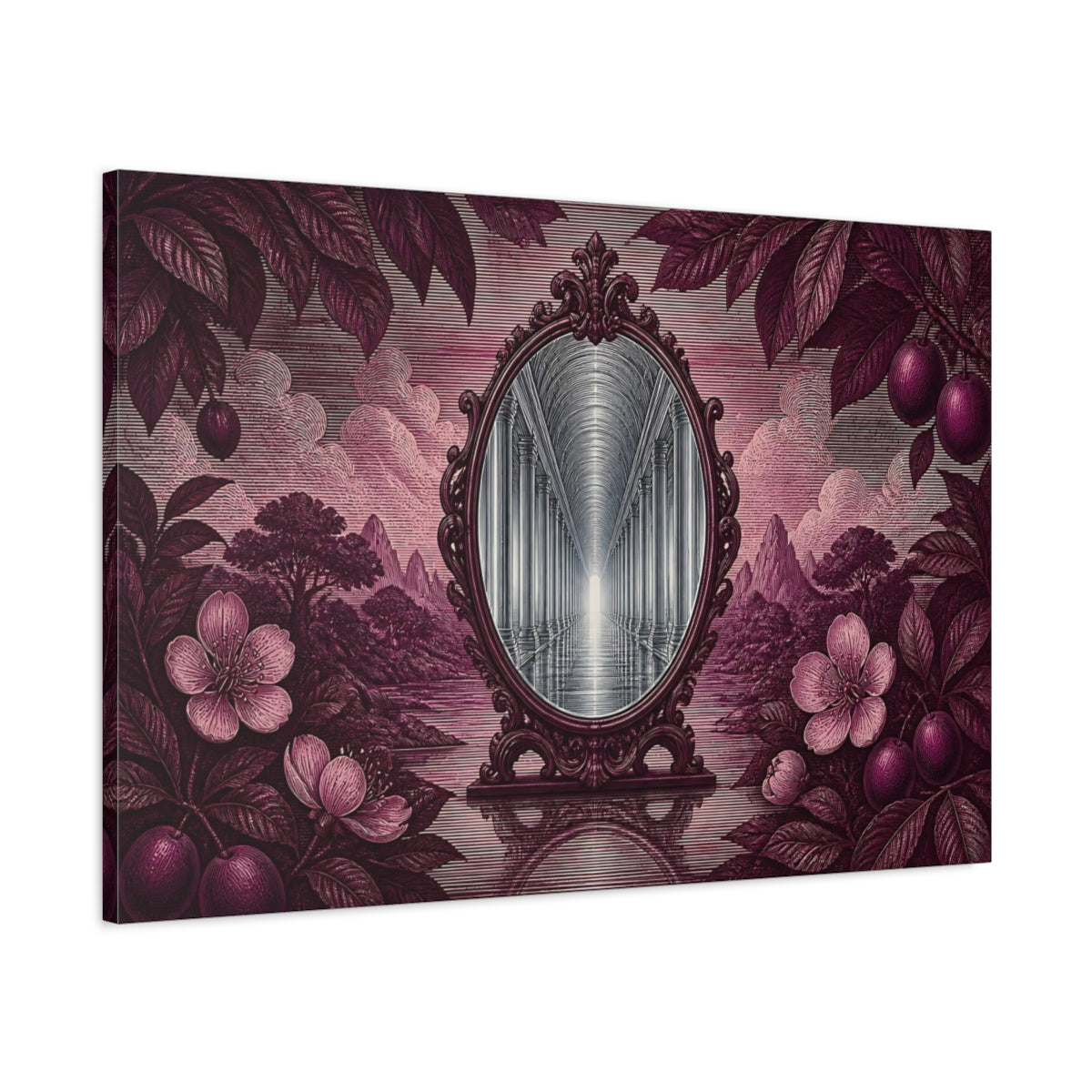Main Mockup. Plum Mirror Corridor shown as canvas print