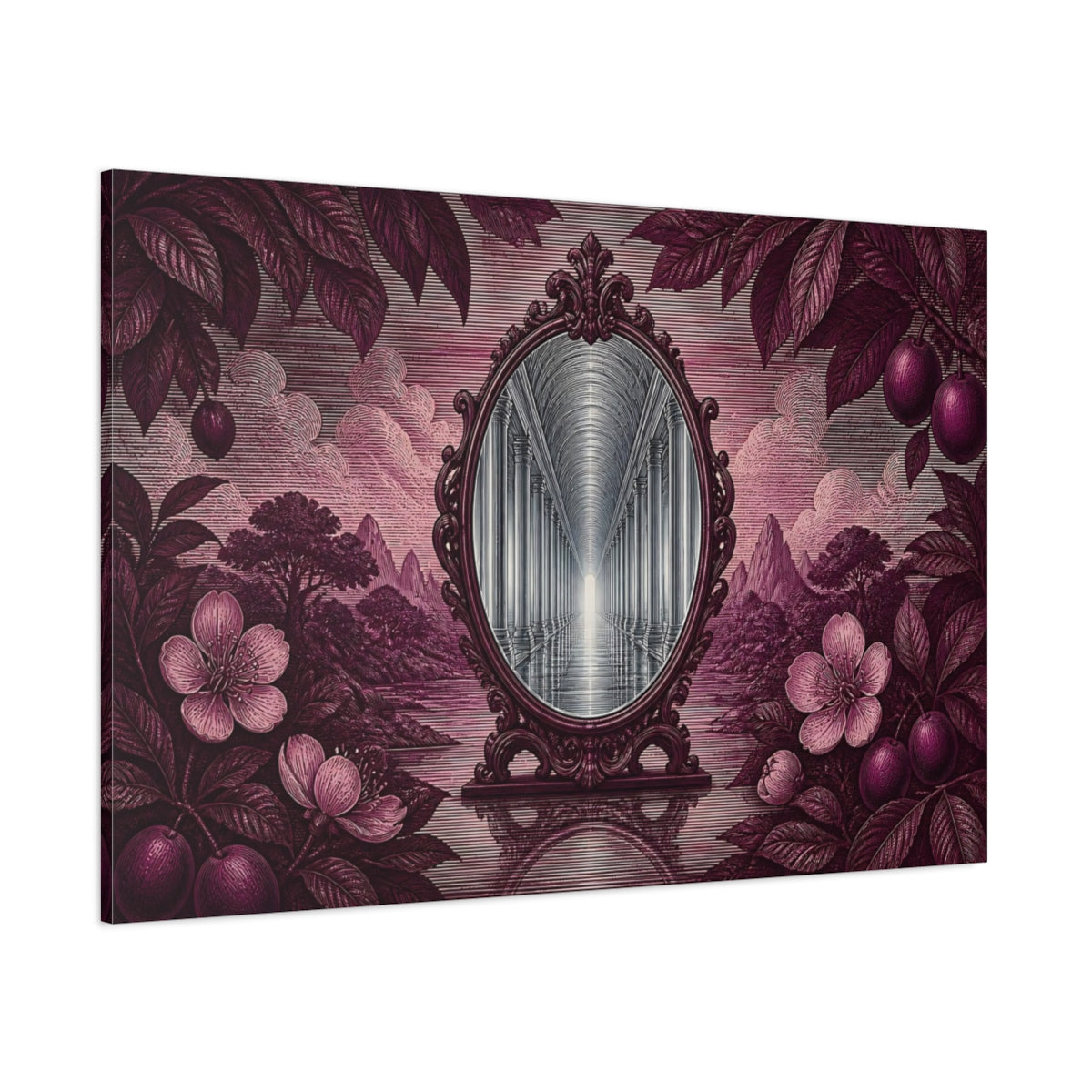 Side Mockup 1. Plum Mirror Corridor shown as canvas print