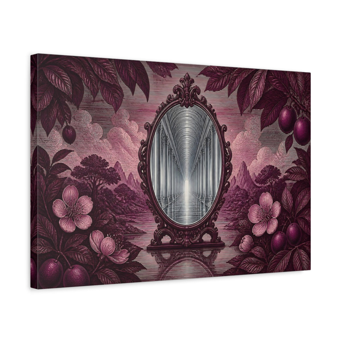 Side Mockup 3. Plum Mirror Corridor shown as canvas print