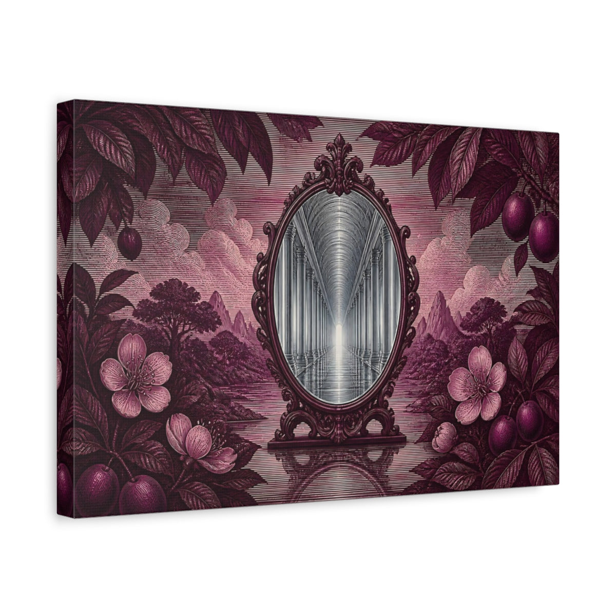 Side Mockup 4. Plum Mirror Corridor shown as canvas print