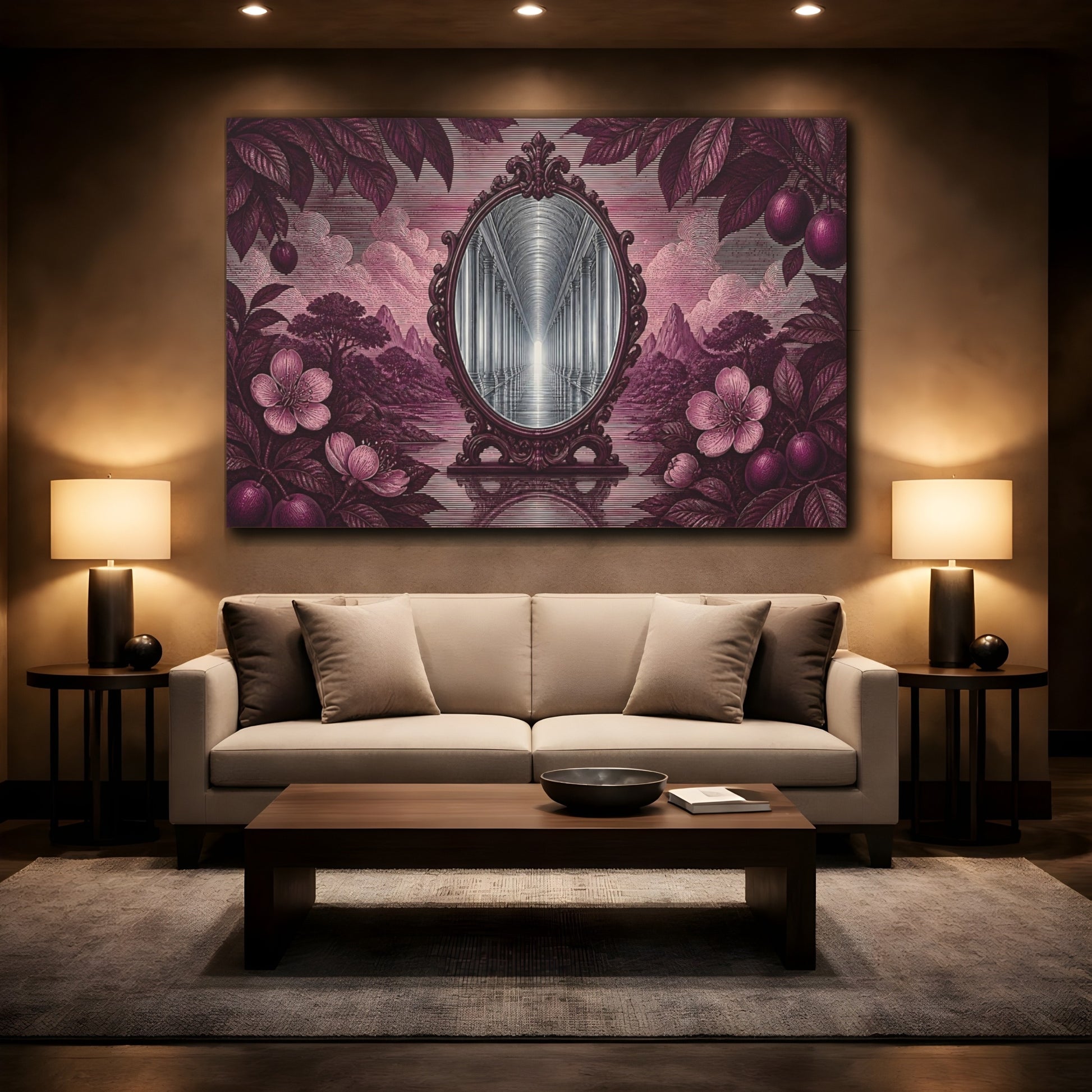 Mockup 2. Plum Mirror Corridor shown as canvas print