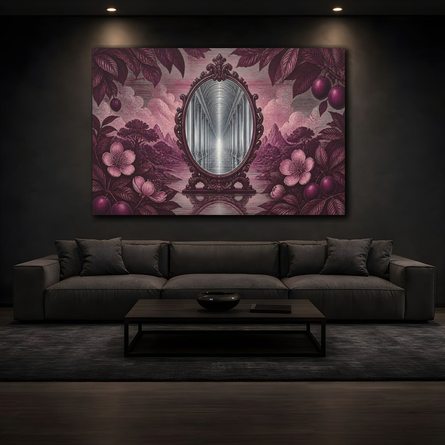 Mockup 3. Plum Mirror Corridor shown as canvas print