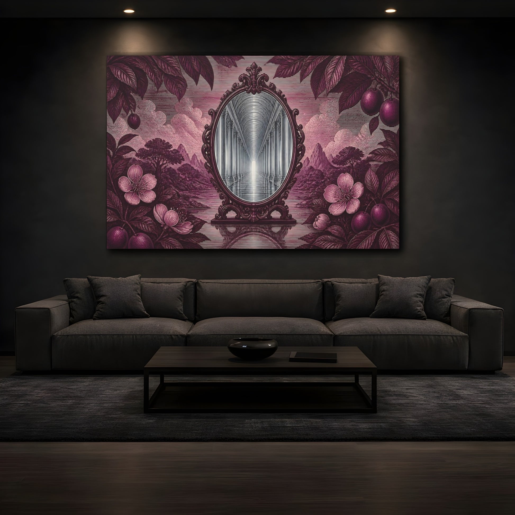 Mockup 3. Plum Mirror Corridor shown as canvas print