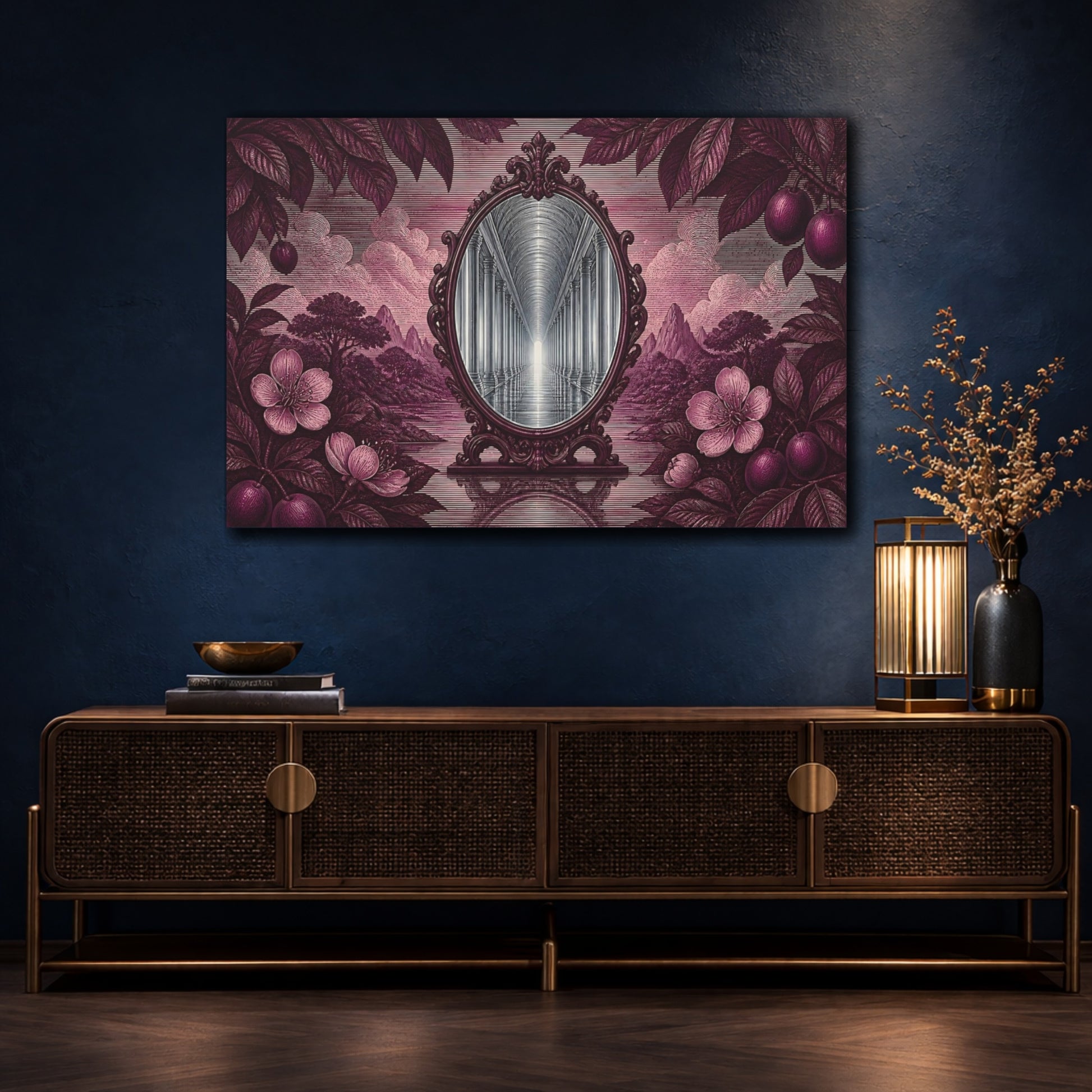 Mockup 4. Plum Mirror Corridor shown as canvas print