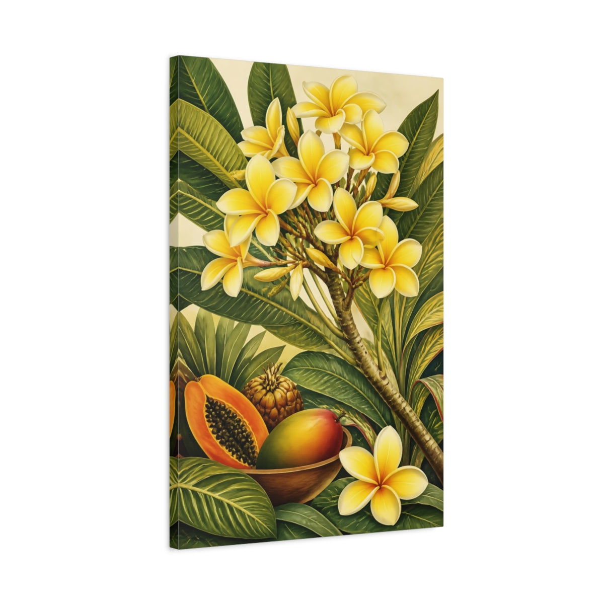 Side Mockup 2. Plumeria Flowers With Fruit shown as canvas print
