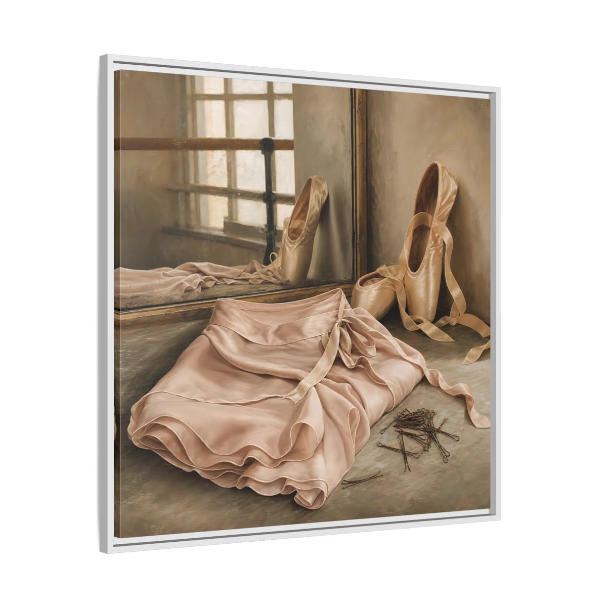 Side Mockup 25. Pointe Shoes And Tutu shown as framed canvas print