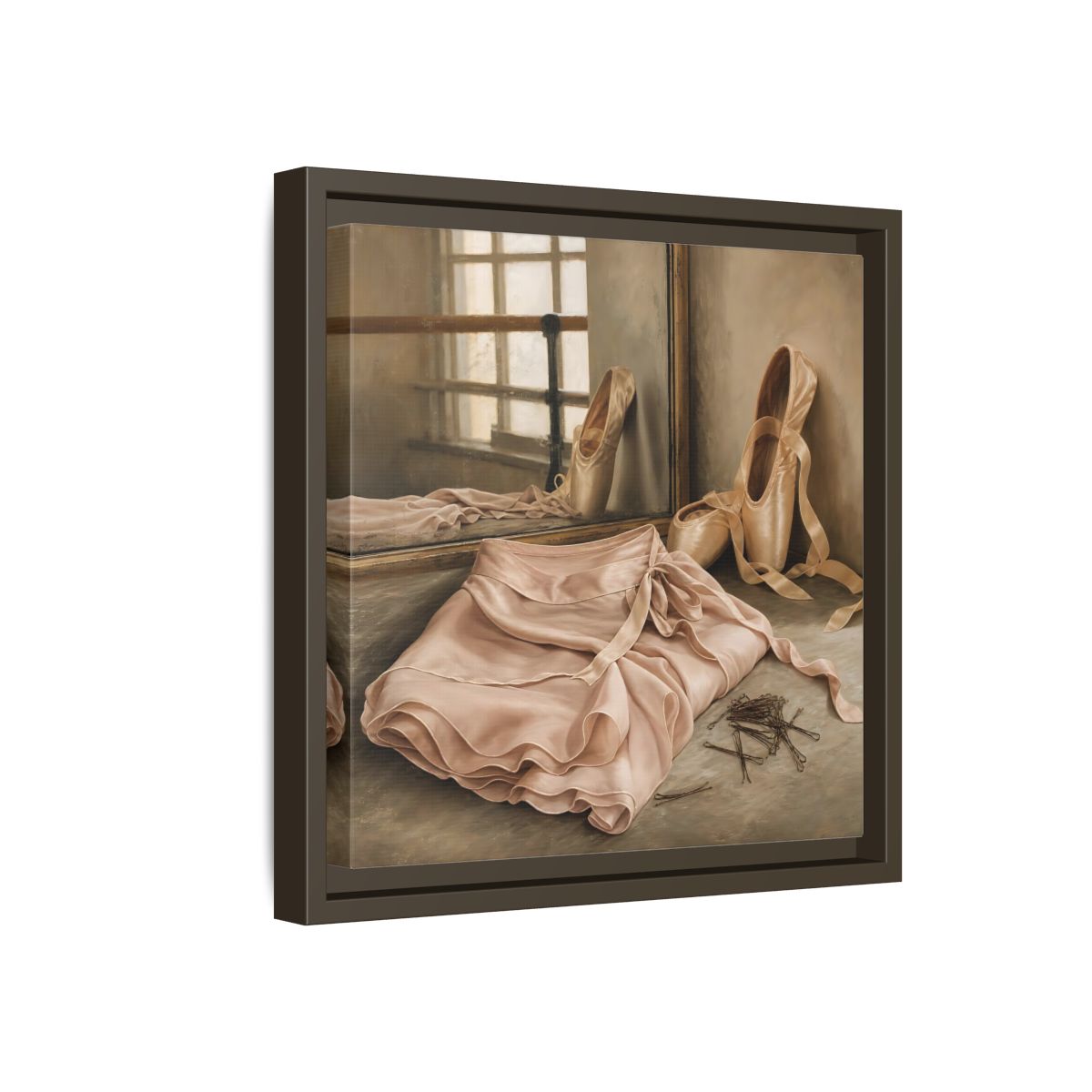 Side Mockup 17. Pointe Shoes And Tutu shown as framed canvas print
