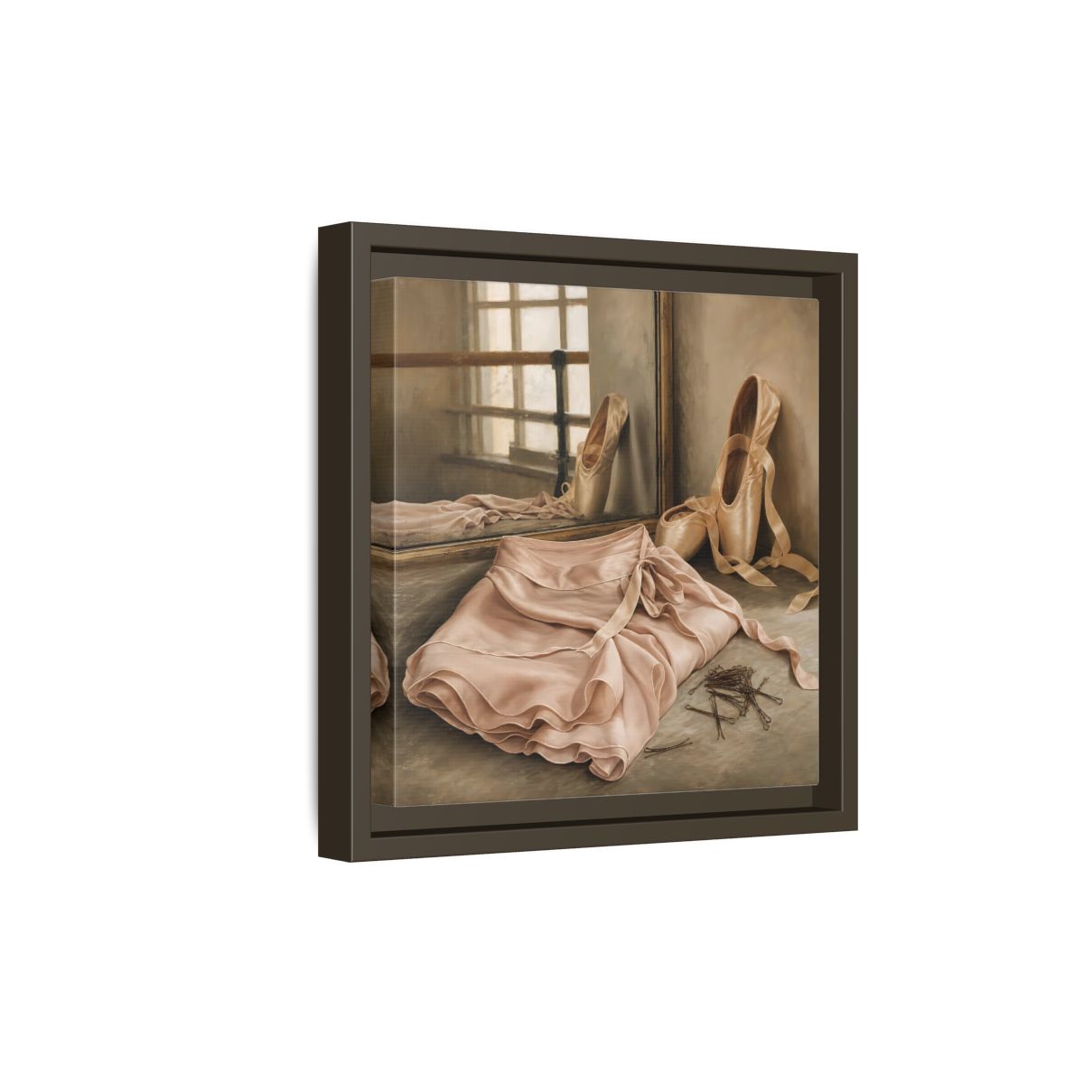 Side Mockup 20. Pointe Shoes And Tutu shown as framed canvas print