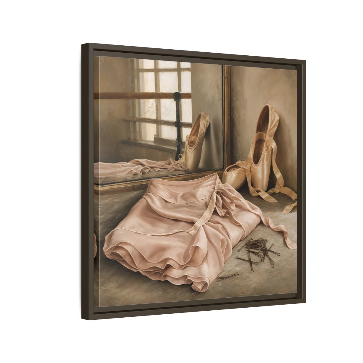 Side Mockup 11. Pointe Shoes And Tutu shown as framed canvas print