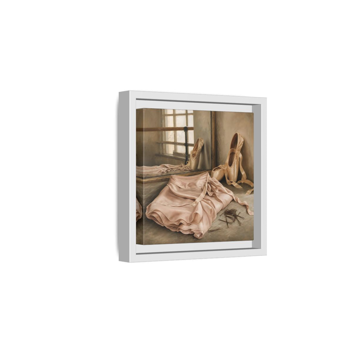 Side Mockup 1. Pointe Shoes And Tutu shown as framed canvas print