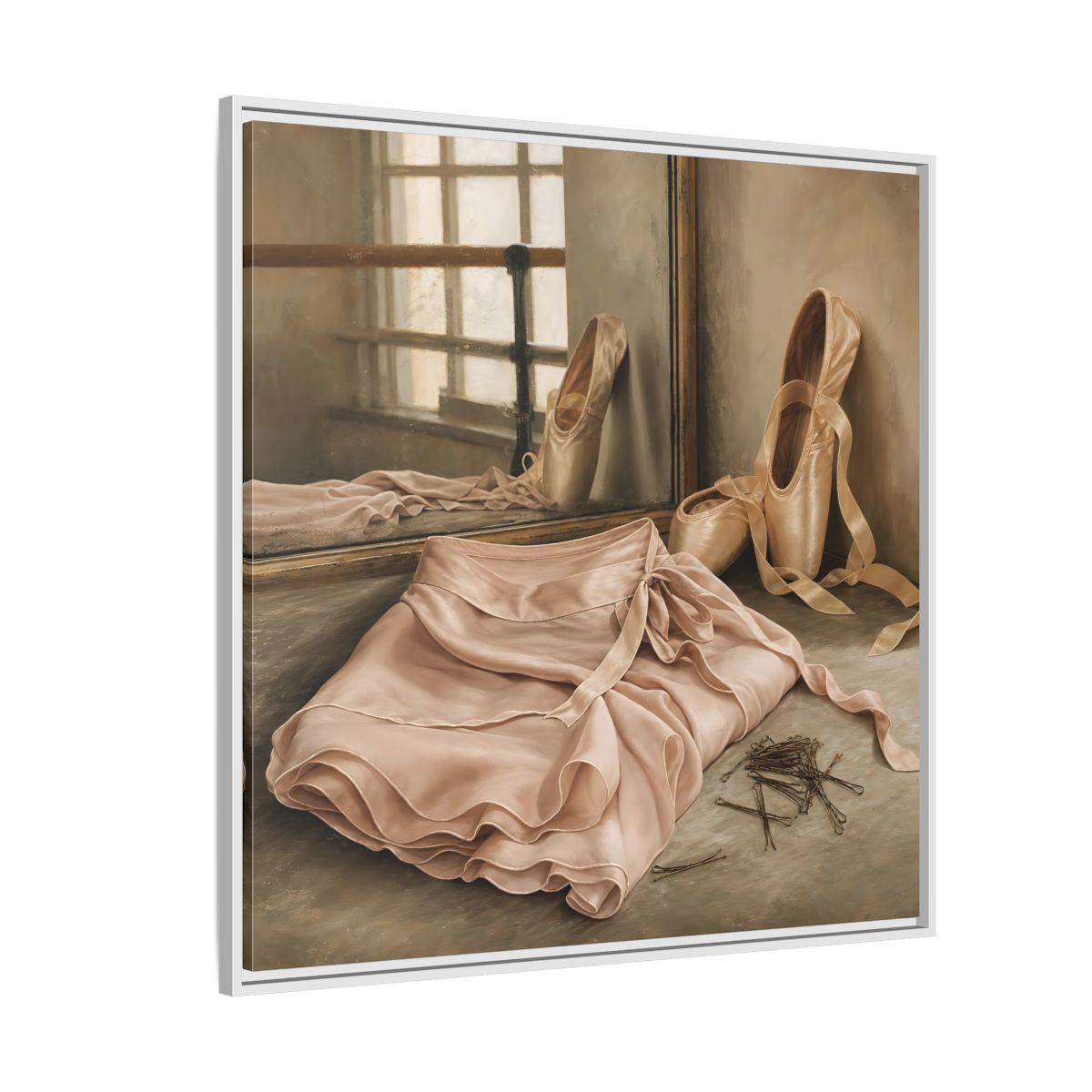 Side Mockup 4. Pointe Shoes And Tutu shown as framed canvas print
