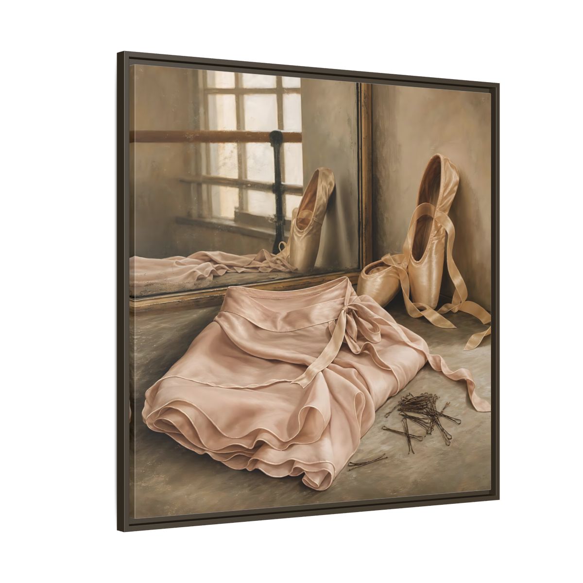 Side Mockup 5. Pointe Shoes And Tutu shown as framed canvas print