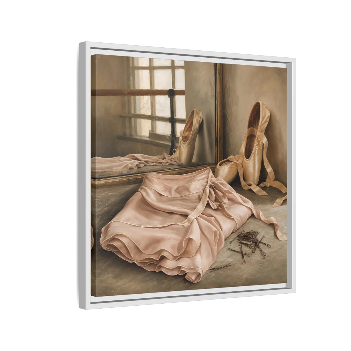 Side Mockup 10. Pointe Shoes And Tutu shown as framed canvas print
