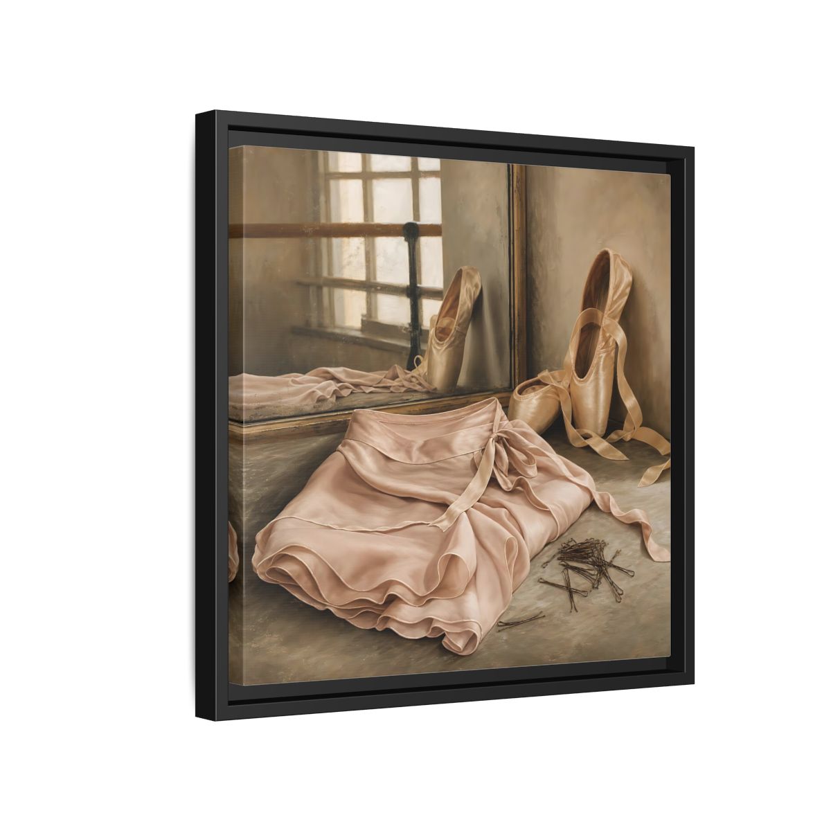 Side Mockup 15. Pointe Shoes And Tutu shown as framed canvas print