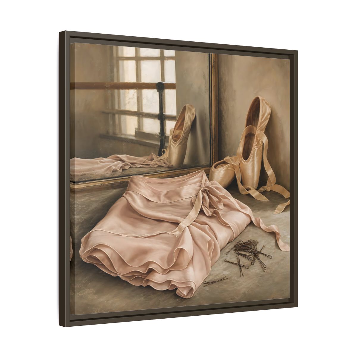 Side Mockup 27. Pointe Shoes And Tutu shown as framed canvas print