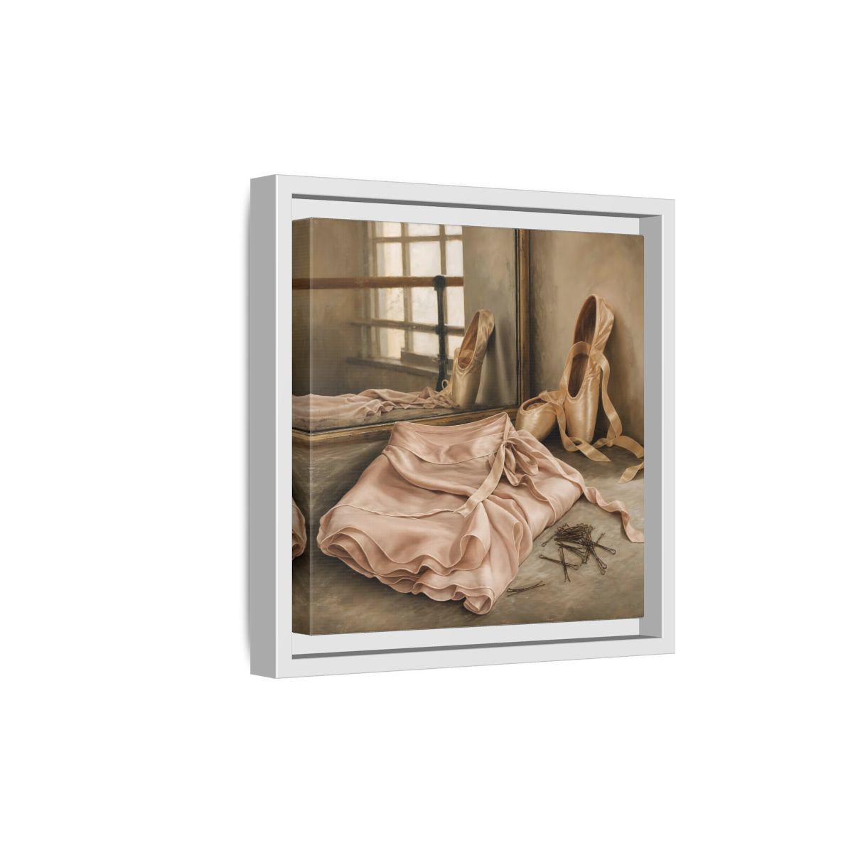 Side Mockup 19. Pointe Shoes And Tutu shown as framed canvas print