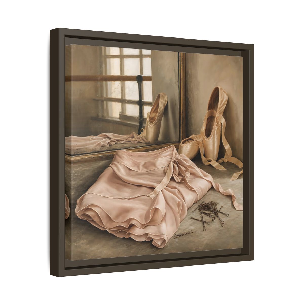 Side Mockup 29. Pointe Shoes And Tutu shown as framed canvas print