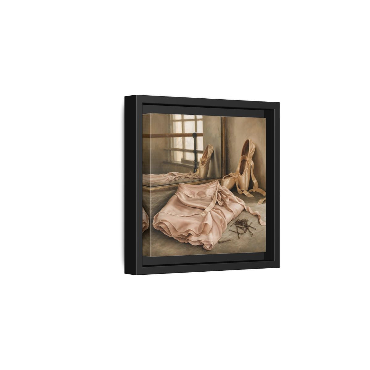 Side Mockup 3. Pointe Shoes And Tutu shown as framed canvas print