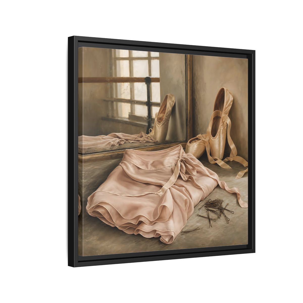 Side Mockup 12. Pointe Shoes And Tutu shown as framed canvas print