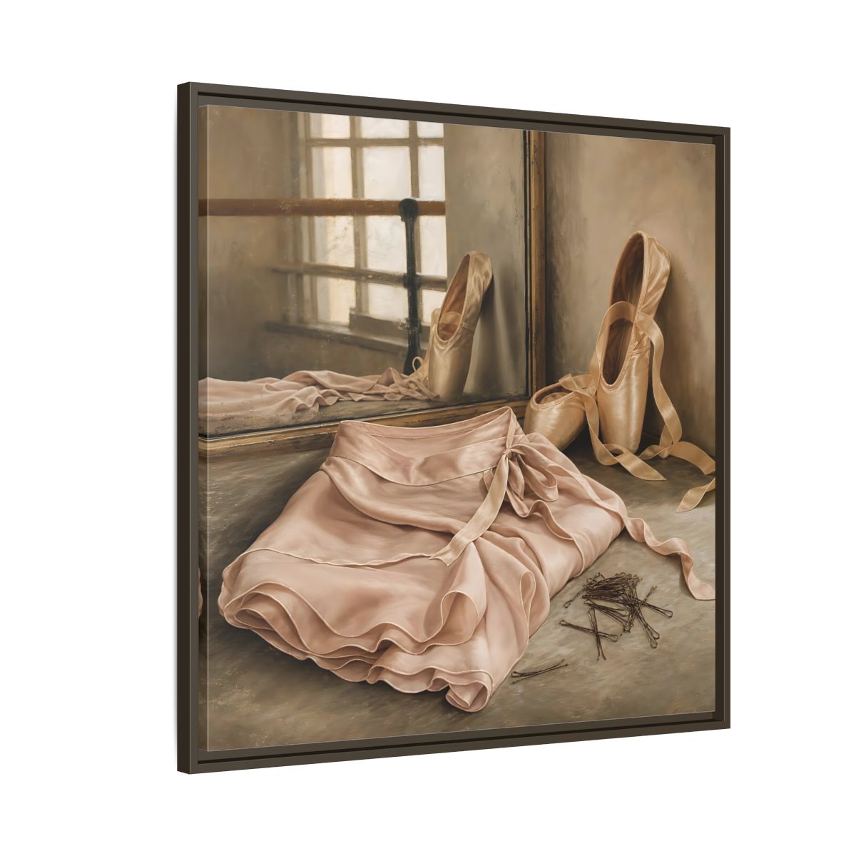Side Mockup 8. Pointe Shoes And Tutu shown as framed canvas print