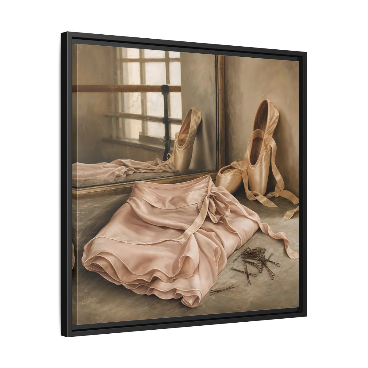 Side Mockup 31. Pointe Shoes And Tutu shown as framed canvas print
