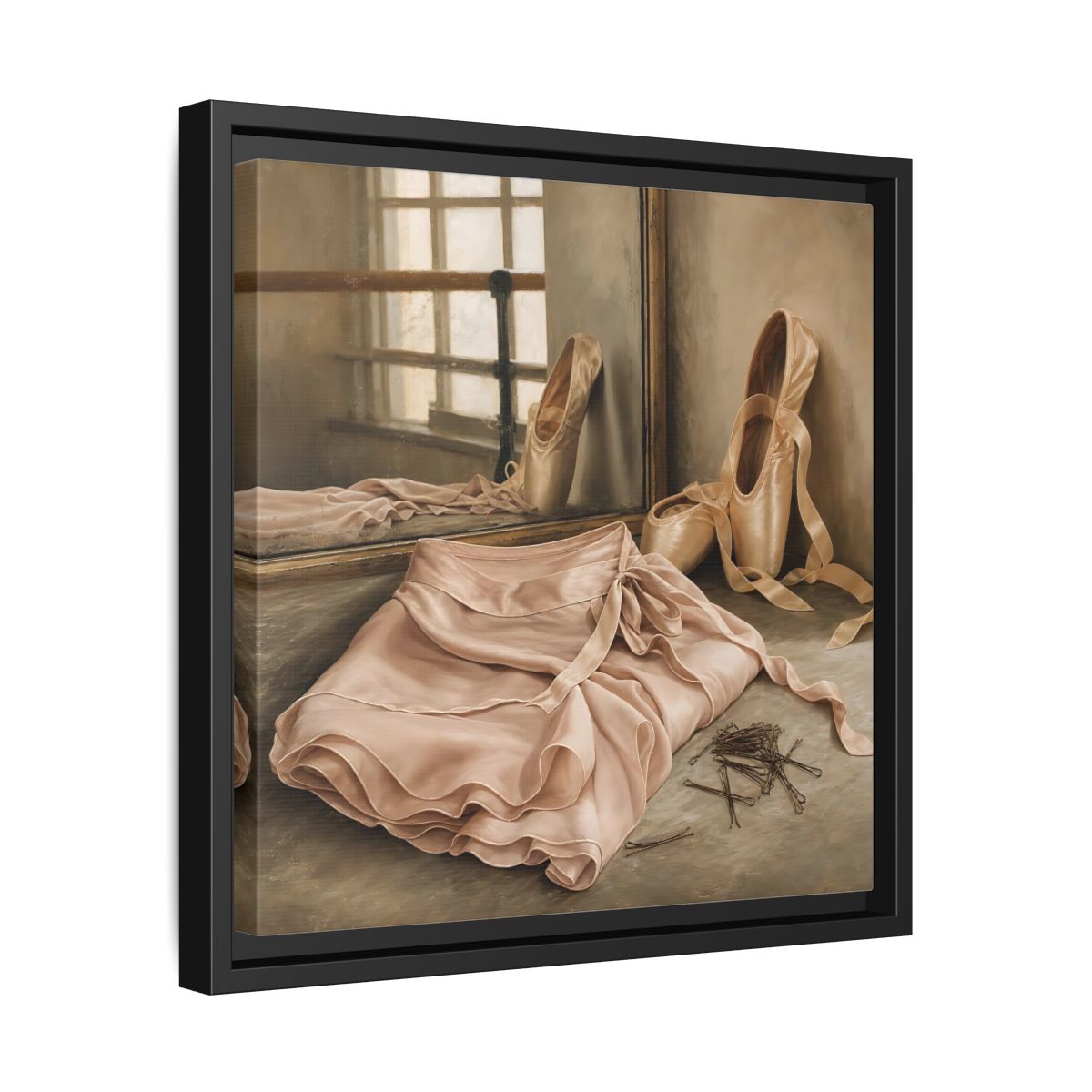 Side Mockup 32. Pointe Shoes And Tutu shown as framed canvas print