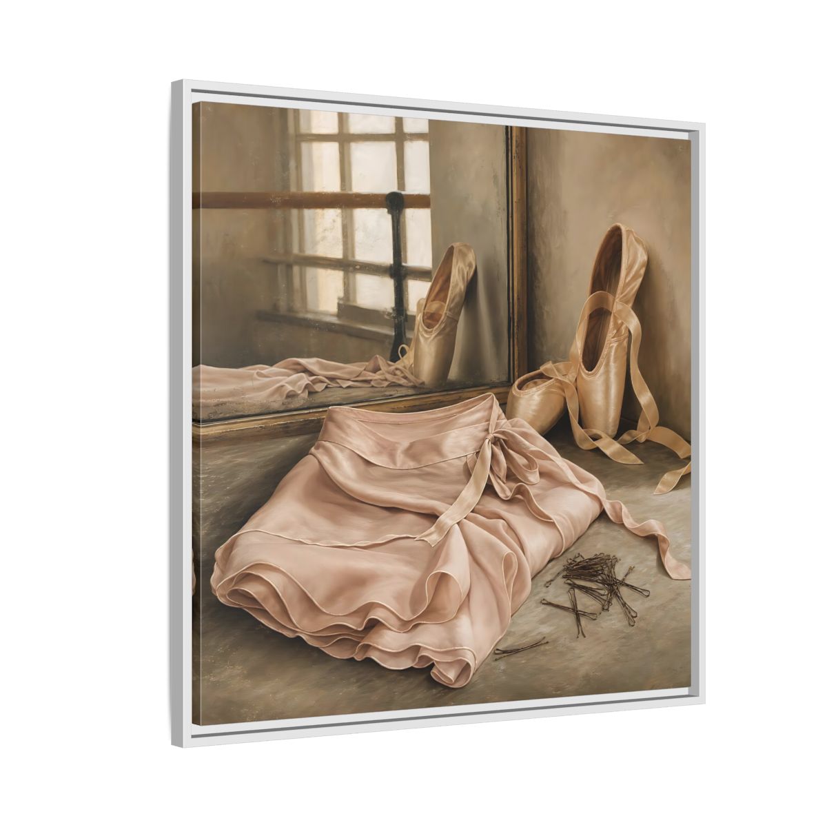 Side Mockup 7. Pointe Shoes And Tutu shown as framed canvas print