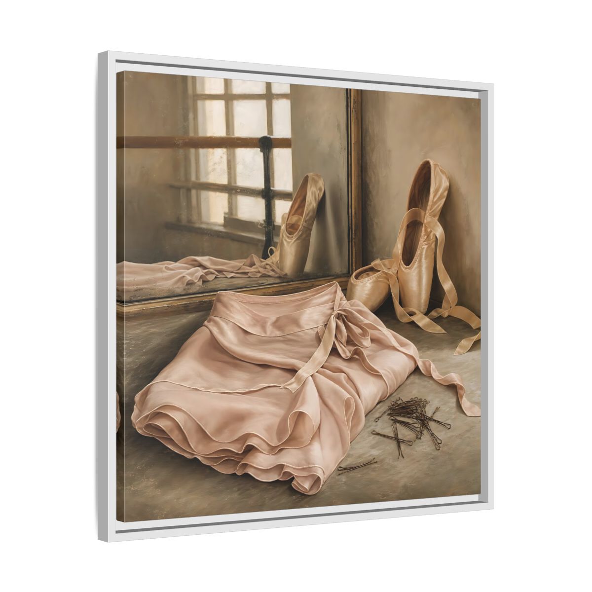 Side Mockup 26. Pointe Shoes And Tutu shown as framed canvas print