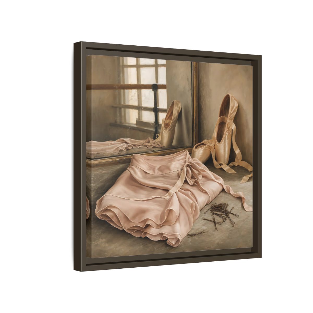 Side Mockup 14. Pointe Shoes And Tutu shown as framed canvas print