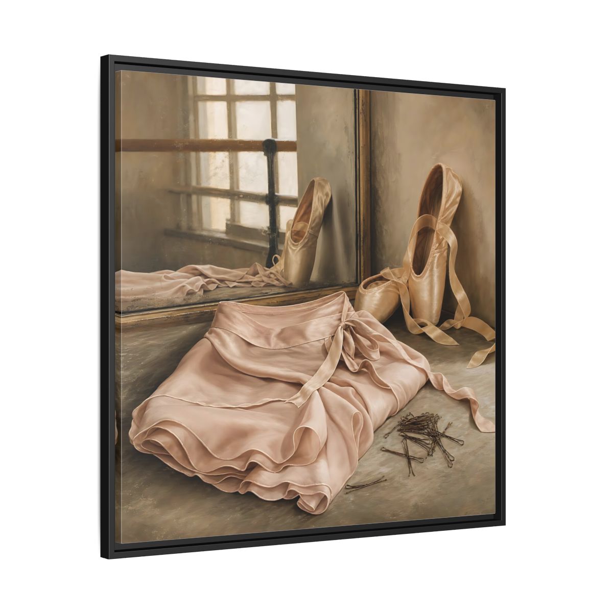 Side Mockup 30. Pointe Shoes And Tutu shown as framed canvas print