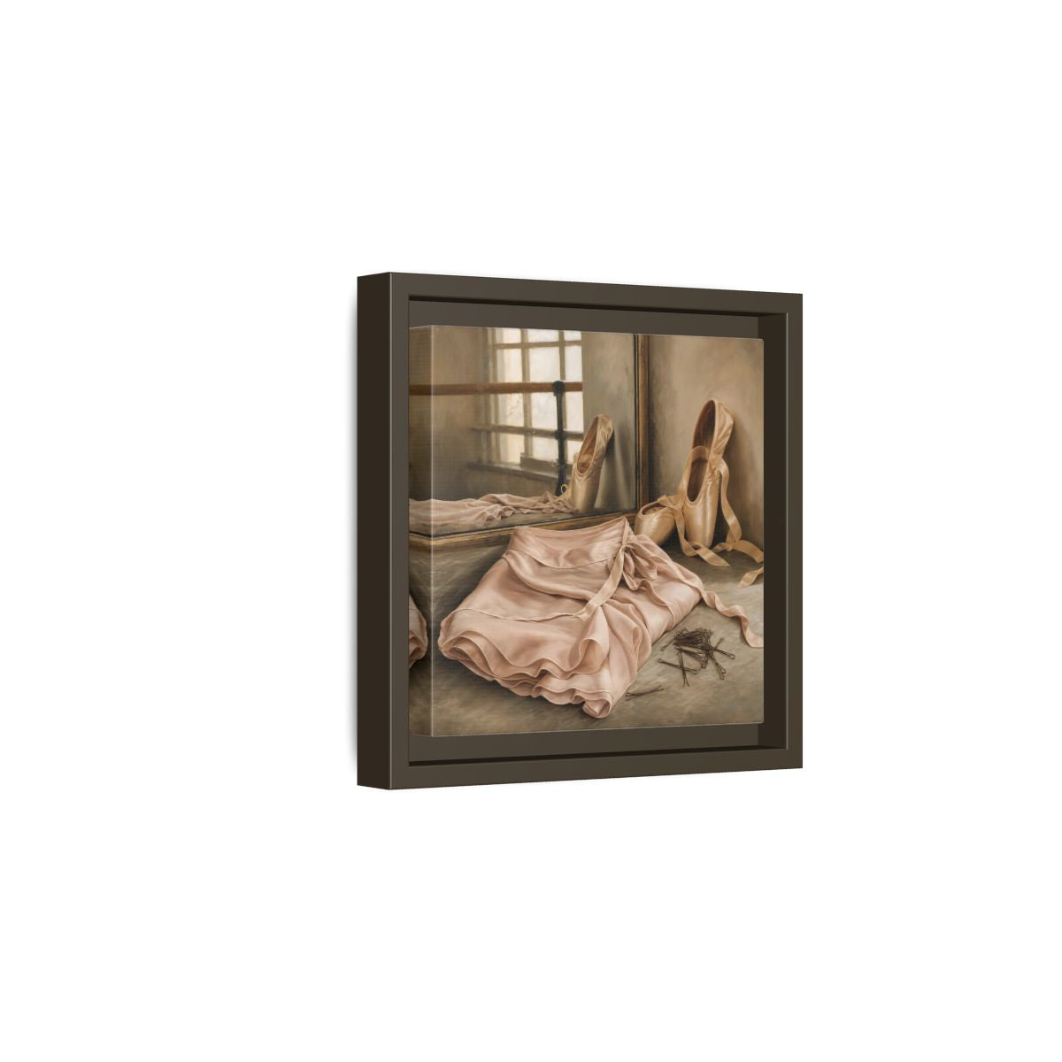 Side Mockup 2. Pointe Shoes And Tutu shown as framed canvas print