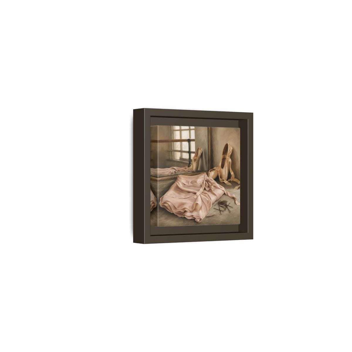 Side Mockup 23. Pointe Shoes And Tutu shown as framed canvas print