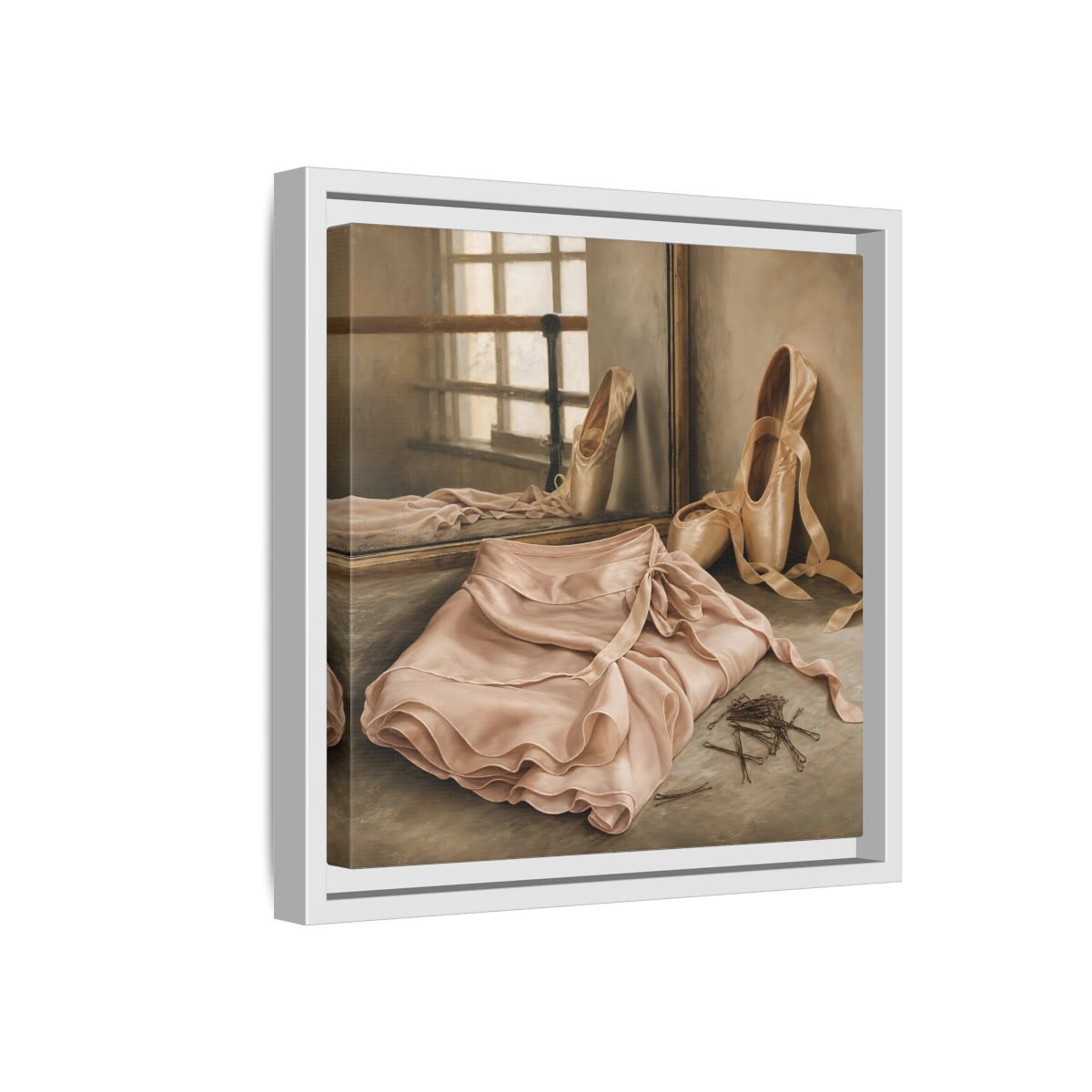 Side Mockup 16. Pointe Shoes And Tutu shown as framed canvas print
