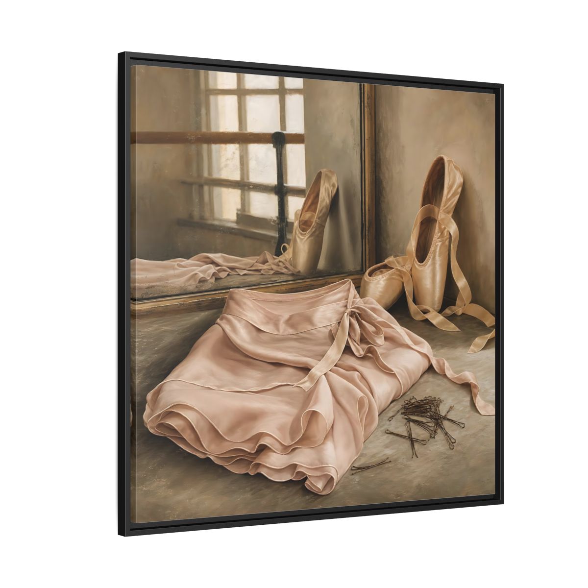 Side Mockup 6. Pointe Shoes And Tutu shown as framed canvas print