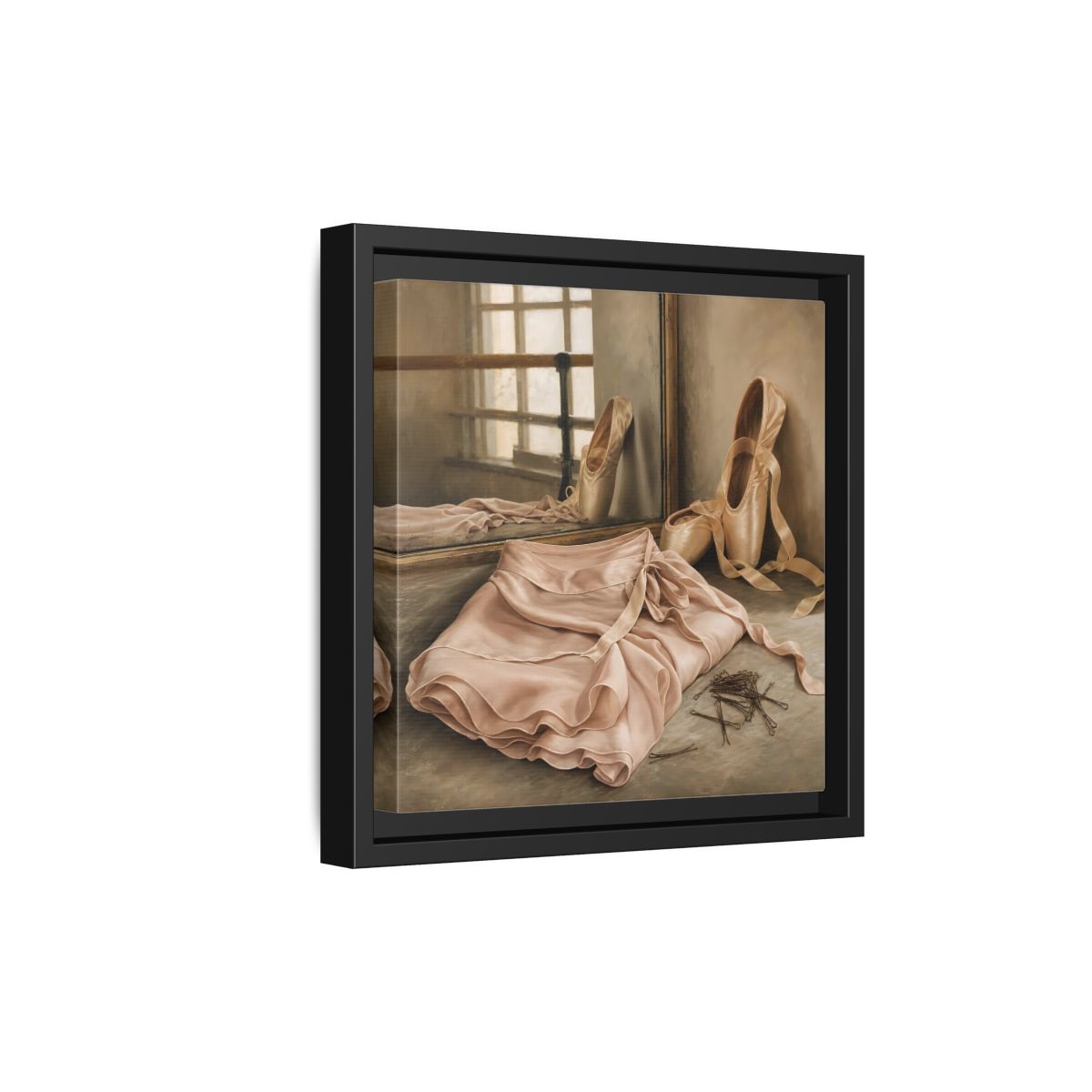 Side Mockup 21. Pointe Shoes And Tutu shown as framed canvas print
